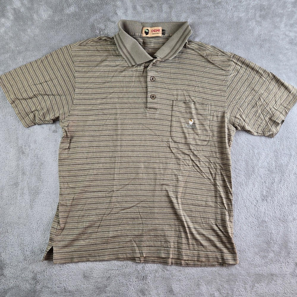 Caesar Polo Shirt Men Medium 16.5 Olive Green Striped Short Sleeve Made In Italy